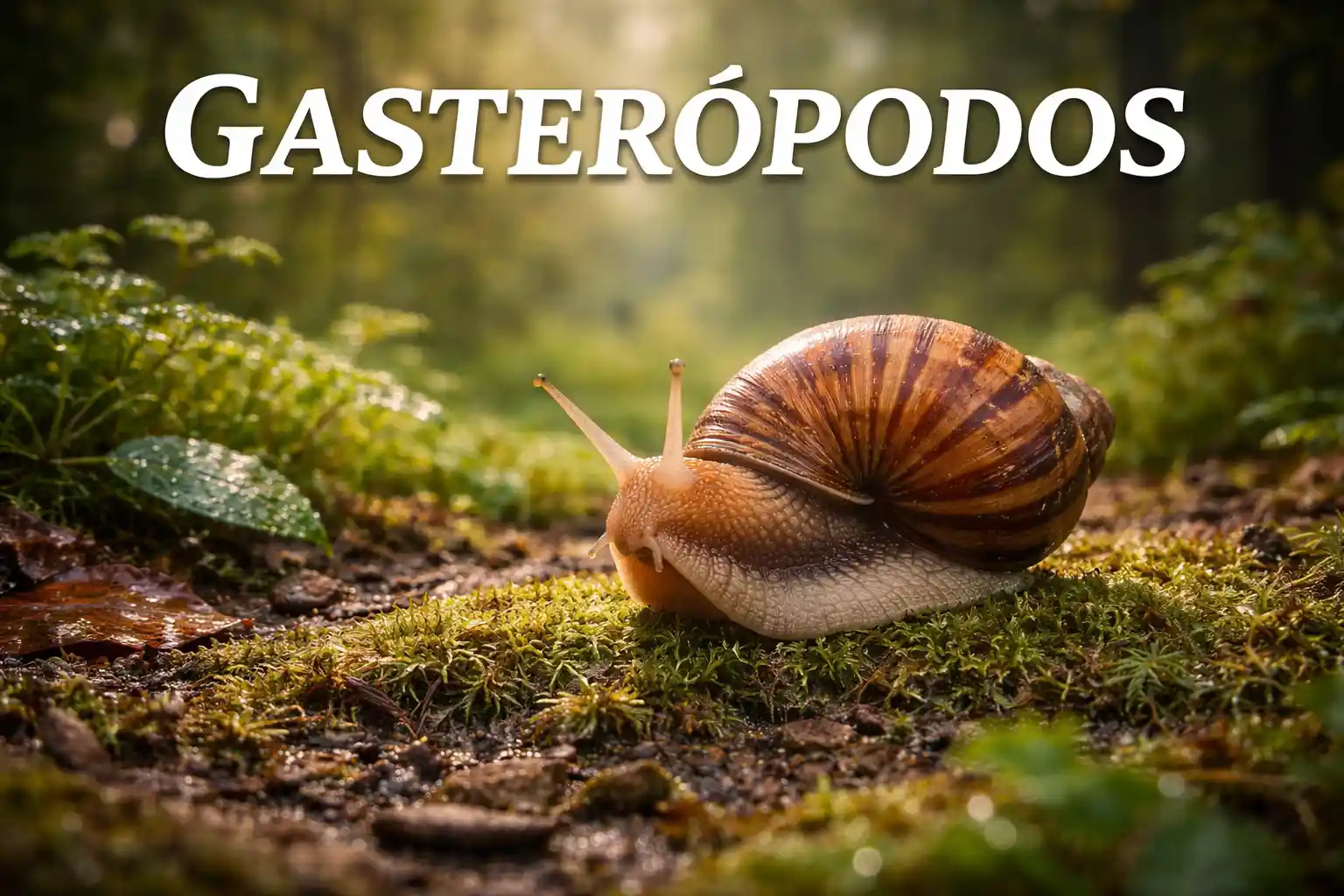 Caracol gasterópodo en un bosque húmedo lleno de verde